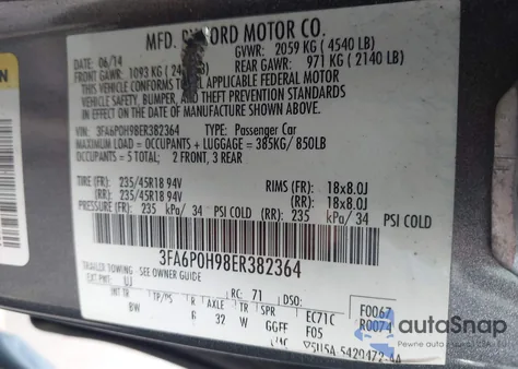 2014 Ford Fusion Se z USA, uszkodzony, nr VIN 3FA6P0H98ER382364